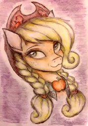 Size: 720x1030 | Tagged: safe, artist:omnisimon11, derpibooru import, applejack, earth pony, pony, alternate hairstyle, apple, braid, bust, clothes, colored pencil drawing, cowboy hat, dress, female, food, gala dress, hat, mare, portrait, solo, traditional art