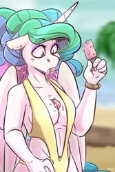 Size: 2000x3000 | Tagged: suggestive, artist:lrusu, derpibooru import, princess celestia, alicorn, anthro, alternate hairstyle, beach, belly button, bikini, blushing, breasts, cleavage, clothes, dropped ice cream, ear piercing, eyeshadow, female, food, ice cream, looking down, makeup, mare, one-piece swimsuit, piercing, sideboob, sling bikini, solo, solo female, suggestive eating, swimsuit