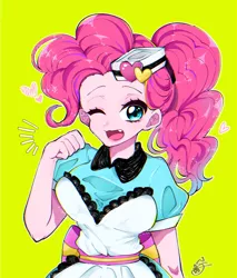 Size: 768x900 | Tagged: safe, artist:raimugi____, derpibooru import, pinkie pie, coinky-dink world, eqg summertime shorts, equestria girls, carhop, chromatic aberration, clothes, cute, cute little fangs, diapinkes, dress, fangs, female, green background, hat, heart, looking at you, one eye closed, open mouth, pixiv, server pinkie pie, simple background, solo, wink