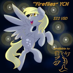 Size: 2160x2160 | Tagged: safe, artist:cadetredshirt, derpibooru import, derpy hooves, firefly (insect), insect, pegasus, pony, commission, ear fluff, female, flying, looking up, mare, night, simple background, smiling, solo, ych example, ych result, your character here