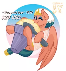 Size: 1811x1957 | Tagged: safe, artist:cadetredshirt, derpibooru import, somnambula, pegasus, pony, clothes, commission, dessert, ear fluff, egyptian, egyptian pony, female, food, ice cream, looking at you, mare, one eye closed, shaved ice, simple background, smiling, solo, spoon, tiny, tiny ponies, wings, wink, ych example, ych result, your character here
