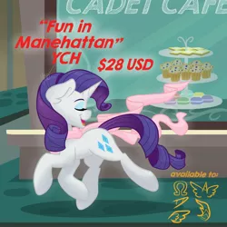Size: 3000x3000 | Tagged: safe, artist:cadetredshirt, derpibooru import, rarity, pony, unicorn, rarity takes manehattan, cafe, clothes, commission, ear fluff, eyes closed, food, horn, lemon squares, macaron, manehattan, muffin, open mouth, scarf, solo, street, walking, ych example, ych result, your character here