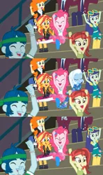 Size: 1417x2391 | Tagged: safe, derpibooru import, edit, edited screencap, screencap, blueberry cake, captain planet, golden hazel, pinkie pie, rose heart, sunset shimmer, trixie, equestria girls, equestria girls series, sock it to me, sock it to me: bulk biceps, spoiler:choose your own ending (season 2), spoiler:eqg series (season 2), bleachers, cheering, clothes, clothespin, comparison, crystal prep academy uniform, holding nose, school uniform, sock it to me: rarity, sock it to me: trixie