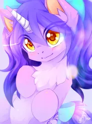 Size: 1000x1350 | Tagged: safe, artist:lostdreamm, derpibooru import, oc, oc:avici flower, unofficial characters only, pony, unicorn, bandage, bow, broken horn, chest fluff, cute, dipstick hair, ear fluff, female, fluffy, hair bow, horn, mare, tail bow