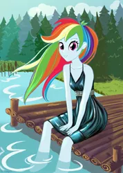 Size: 2063x2890 | Tagged: safe, artist:in_yang18, derpibooru import, rainbow dash, equestria girls, black dress, clothes, commissioner:ajnrules, dress, feet in water, forest, forest background, lake, little black dress, pier, rainbow dash always dresses in style, reeds, sleeveless, solo, wet clothes, wet dress