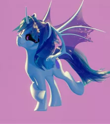 Size: 3641x4096 | Tagged: safe, artist:etherium-apex, derpibooru import, oc, oc:sapphie, unofficial characters only, alicorn, bat pony, bat pony alicorn, hybrid, 3d, alicorn oc, bat pony oc, bat wings, blender, blender eevee, commission, female, horn, looking at you, mare, raised hoof, simple background, smiling, solo, wings