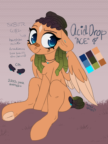 Size: 3072x4096 | Tagged: safe, artist:spoopygander, derpibooru import, oc, oc:acid drop, pegasus, pony, bandaid, colored wings, cute, cutie mark, dreadlocks, ear piercing, earring, female, jewelry, mare, markings, multicolored hair, multicolored wings, necklace, piercing, reference sheet, smiling, solo, star (coat marking), text, wings