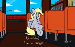 Size: 1734x1079 | Tagged: safe, artist:taurson, derpibooru import, derpy hooves, pegasus, pony, atg 2020, bus, caption, city, female, i'm in danger, image, jpeg, meme, newbie artist training grounds, parody, ponified meme, ralph wiggum, sitting, sitting lyra style, smiling, solo, the simpsons