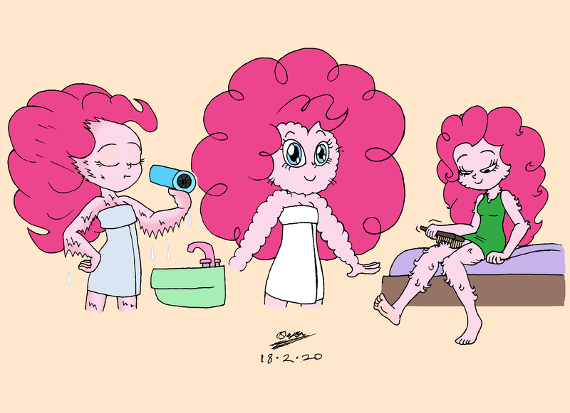 Size: 2339x1700 | Tagged: safe, artist:tmntsam, derpibooru import, pinkie pie, human, equestria girls, alternate universe, brushie, clothes, dress, female, fur, furry human, hair dryer, solo, towel