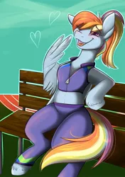 Size: 1443x2048 | Tagged: alternate costumes, alternate hairstyle, alternate outfits, artist:banoodle, belly button, blushing, buckball fan gear rainbow dash, clothes, derpibooru import, jacket, pants, pegasus, ponytail, rainbow dash, safe, sweat, sweatpants, wings