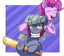 Size: 1280x1138 | Tagged: safe, artist:zeronixma, derpibooru import, limestone pie, pinkie pie, earth pony, pony, atg 2020, baseball bat, cross-popping veins, female, mare, newbie artist training grounds, smiling, this will end in pain