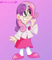 Size: 696x800 | Tagged: artist:mirabuncupcakes15, clothes, derpibooru import, female, flats, gradient background, grin, horn, horned humanization, human, humanized, safe, shoes, skirt, smiling, socks, solo, stockings, sweetie belle, thigh highs