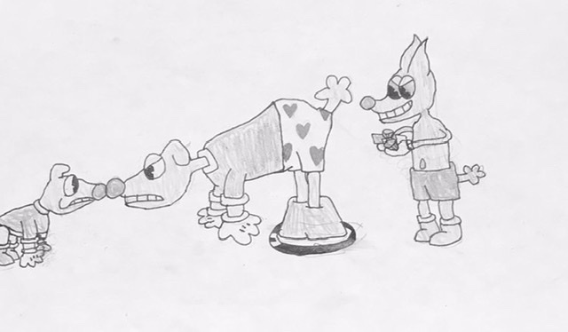 Size: 640x374 | Tagged: anthro, artist:whistle blossom, black and white, clothes, cuphead, derpibooru import, diamond dog, digitigrade anthro, evil grin, eyes on the prize, fido, gem, gloves, grayscale, grin, male, monochrome, old timey, rover, safe, simple background, smiling, spot, style emulation, traditional art, trio, trio male, underwear, white background