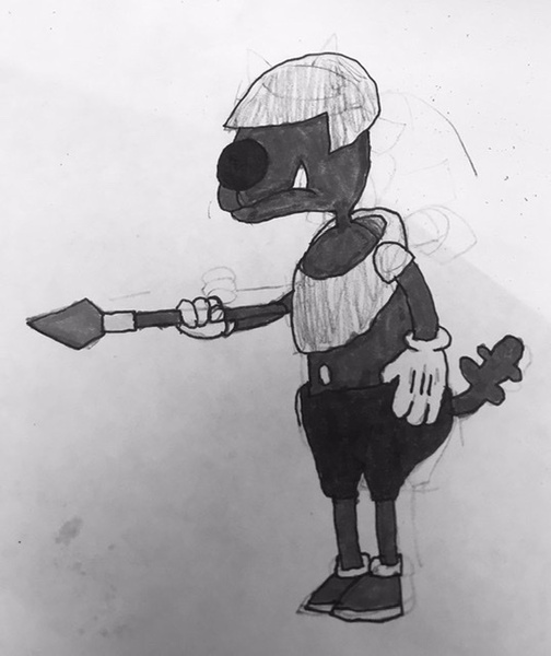 Size: 538x640 | Tagged: anthro, armor, artist:whistle blossom, belly button, black and white, clothes, cuphead, derpibooru import, diamond dog, digitigrade anthro, gloves, grayscale, guard, monochrome, old timey, safe, simple background, solo, spear, style emulation, traditional art, weapon, white background