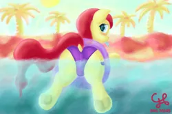 Size: 3000x2000 | Tagged: suggestive, artist:dumbprincess, derpibooru import, oc, oc:eclipse flight, pegasus, pony, beach, blushing, clothes, commission, dock, female, floaty, food, frog (hoof), looking at you, looking back, palm tree, panties, popsicle, rear view, solo, solo female, swimming, tree, underhoof, underwear, water