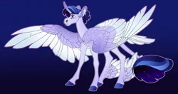 Size: 1228x650 | Tagged: safe, artist:turnipberry, deleted from derpibooru, derpibooru import, oc, oc:stardust, unofficial characters only, alicorn, pony, alicorn oc, blue background, colored hooves, commission, horn, leonine tail, magical lesbian spawn, offspring, parent:rarity, parent:twilight sparkle, parents:rarilight, realistic horse legs, simple background, solo, winged hooves, wings