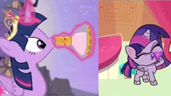 Size: 1280x720 | Tagged: safe, derpibooru import, screencap, twilight sparkle, twilight sparkle (alicorn), alicorn, pony, my little pony: pony life, princess probz, princess twilight sparkle (episode), spoiler:pony life s01e01, bottle, comparison, drink, female, flashback potion, hoof hold, magic, mare, potion, telekinesis