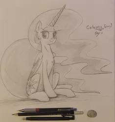 Size: 2176x2319 | Tagged: safe, artist:sny, derpibooru import, princess celestia, alicorn, pony, celestia day, paper, photo, sitting, smiling at you, solo, tall alicorn