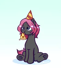 Size: 400x500 | Tagged: safe, artist:soulfulmirror, derpibooru import, oc, oc:soulful mirror, earth pony, pony, birthday, eating, food, hat, male, meat, party hat, pepperoni, pepperoni pizza, pizza, ponysona, solo, stallion