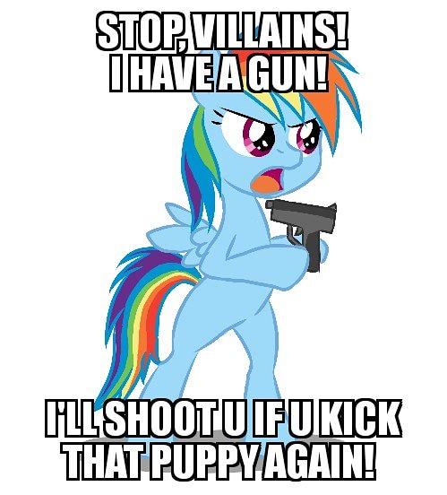 Size: 499x552 | Tagged: safe, artist:ce2438, derpibooru import, rainbow dash, pegasus, pony, bipedal, caption, female, gun, hoof hold, image macro, impact font, mare, open mouth, solo, talking, text, weapon, wrong way