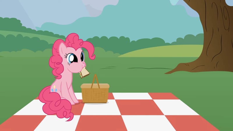 Size: 1432x808 | Tagged: safe, artist:forgalorga, derpibooru import, pinkie pie, earth pony, pony, basket, cute, diapinkes, female, food, forgalorga is trying to murder us, it's picnic time, mare, picnic basket, picnic blanket, sandwich, solo, sweet dreams fuel, tree