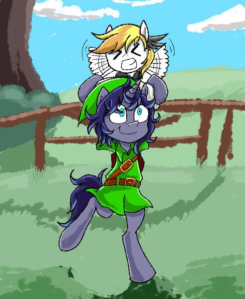 Size: 981x1200 | Tagged: safe, artist:ce2438, derpibooru import, oc, oc:moonlight toccata, oc:stormy squall, unofficial characters only, pegasus, pony, unicorn, angry, behaving like a bird, bipedal, clothes, duo, eyes closed, female, fence, filly, flailing, hat, holding a pony, horn, link, outdoors, pegasus oc, the legend of zelda, tree, unicorn oc, wings