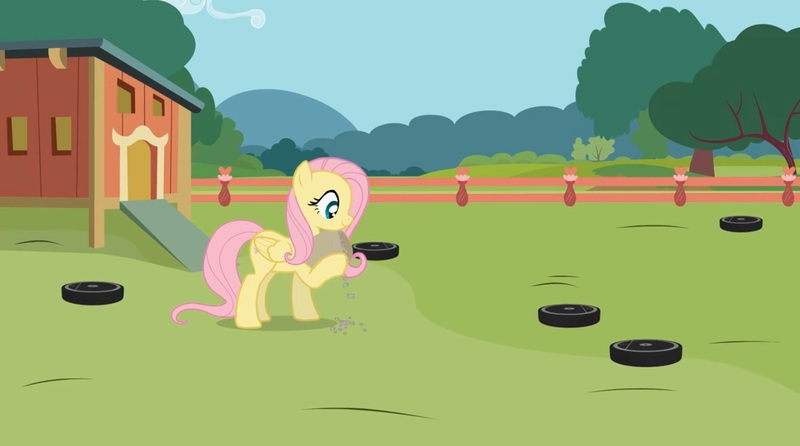 Size: 1440x802 | Tagged: safe, artist:forgalorga, derpibooru import, fluttershy, pegasus, pony, feeding, female, it's picnic time, mare, roomba, roombashy