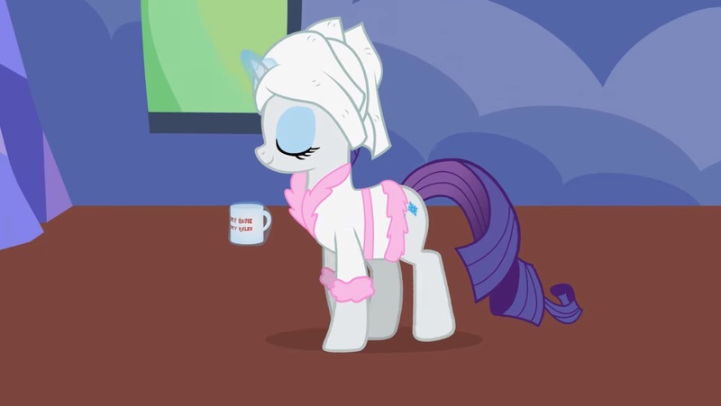 Size: 1432x808 | Tagged: safe, artist:forgalorga, derpibooru import, rarity, pony, unicorn, bathrobe, clothes, female, it's picnic time, mare, mug, robe, solo, towel, towel on head