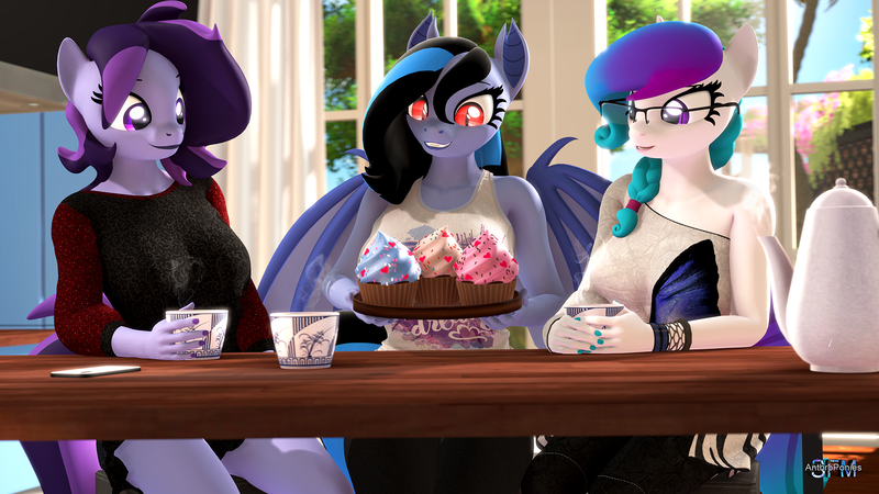 Size: 1920x1080 | Tagged: safe, artist:anthroponiessfm, derpibooru import, oc, oc:aurora starling, oc:midnight grave, oc:raven storm, anthro, bat pony, earth pony, pony, 3d, anthro oc, bat pony oc, bat wings, clothes, cup, cupcake, cute, female, food, glasses, grin, shirt, sleeveless, sleeveless shirt, smiling, source filmmaker, suprised look, tail, tea, teacup, teapot, wings