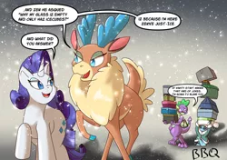 Size: 5016x3541 | Tagged: safe, artist:gryphon bbq, artist:wirlog, derpibooru import, rarity, spike, velvet reindeer, deer, dragon, elf, pony, reindeer, unicorn, winter sprite, them's fightin' herds, bad pun, community related, crossover, dialogue, female, male, mare, pun, snow, snowfall, speech bubble, square crossover, winged spike