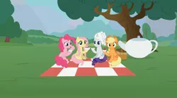 Size: 1440x802 | Tagged: safe, artist:forgalorga, derpibooru import, applejack, fluttershy, pinkie pie, rarity, earth pony, pegasus, pony, unicorn, apple, applejack's hat, basket, cowboy hat, cup, female, food, hat, it's picnic time, looking at you, mare, picnic basket, picnic blanket, tea, tea kettle, teacup, towel, towel on head, tree, waving