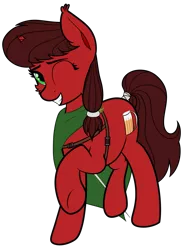 Size: 1633x2179 | Tagged: safe, artist:jacktality, derpibooru import, oc, oc:malt decision, pony, unicorn, broken horn, brown mane, cape, clothes, colored, flat colors, horn, looking at you, older, one eye closed, ponytail, raised hoof, rapier, red fur, simple background, smiling, solo, sword, transparent background, unicorn oc, weapon