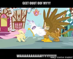 Size: 1534x1237 | Tagged: safe, artist:titus16s, derpibooru import, edit, edited screencap, screencap, fluttershy, gilda, pegasus, pony, griffon the brush off, caption, glida, image macro, meme, screaming, text