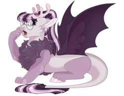 Size: 1024x800 | Tagged: antlers, artist:gigason, derpibooru import, draconequus, draconequus oc, fangs, female, glasses, hybrid, interspecies offspring, oc, offspring, open mouth, parent:discord, parents:discolight, parent:twilight sparkle, ponytail, safe, simple background, solo, surprised, transparent background, unofficial characters only