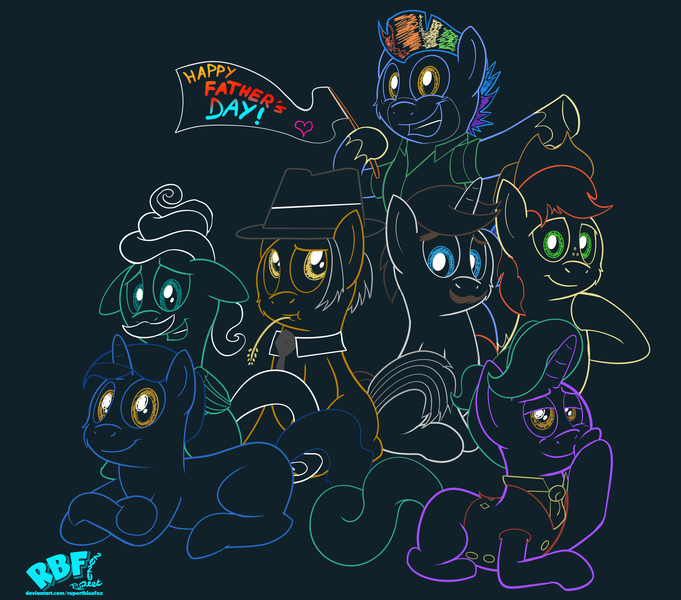 Size: 4200x3700 | Tagged: safe, artist:rupertbluefox, derpibooru import, bow hothoof, bright mac, firelight, gentle breeze, hondo flanks, igneous rock pie, night light, earth pony, pegasus, pony, unicorn, bipedal, cheek fluff, colored sketch, dark background, father's day, flag, minimalist, missing cutie mark, modern art, sitting, smiling, straw in mouth