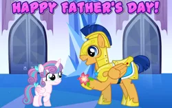 Size: 2064x1296 | Tagged: artist needed, safe, derpibooru import, flash sentry, princess flurry heart, alicorn, pegasus, pony, armor, crystal empire, cute, daaaaaaaaaaaw, father's day, father's day 2020, flower, friendship, hallway, heartwarming, honorary uncle, older, older flurry heart, present, royal guard armor, uncle flash