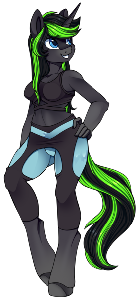 Size: 1583x3406 | Tagged: suggestive, alternate version, artist:breioom, derpibooru import, oc, oc:vortex zero, anthro, unguligrade anthro, unicorn, blue eyes, breasts, clothes, commission, femvortex, garter belt leggings, gradient hooves, gradient snout, rule 63, solo, sports bra