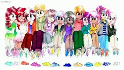 Size: 3988x2243 | Tagged: safe, artist:liaaqila, derpibooru import, big macintosh, cheerilee, little mac, marble pie, sugar belle, oc, oc:alkali feldspar, oc:apple blossom (ice1517), oc:apple butter (ice1517), oc:apple crumble (ice1517), oc:dessert rose, oc:faded shine, oc:rutile, human, icey-verse, :p, armpits, barefoot, bisexual, brother and sister, brothers, cheerimac, clothes, commission, dark skin, dress, eyes closed, family, father and child, father and daughter, father and son, feather, feet, female, fetish, foot fetish, grin, half-siblings, headband, hoodie, humanized, jacket, jeans, laughing, lesbian, magical lesbian spawn, male, male feet, marbelle, marblemac, mother and child, mother and daughter, mother and son, multicolored hair, offspring, one eye closed, open mouth, pants, parent:big macintosh, parent:cheerilee, parent:marble pie, parent:sugar belle, parents:cheerimac, parents:marbelle, parents:marbilee, parents:marblemac, parents:sugarlee, parents:sugarmac, polyamory, shipping, shirt, siblings, simple background, sisters, skirt, smiling, socks, soles, straight, striped socks, sugarlee, sugarmac, sugarmarilee, t-shirt, tanktop, tickle torture, tickling, tongue out, traditional art, wall of tags, white background, wink