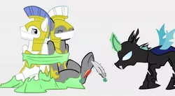 Size: 1203x664 | Tagged: suggestive, alternate version, artist:changeling47, artist:icey-wicey-1517, artist:jeannedu30, artist:lulow, color edit, derpibooru import, edit, changeling, earth pony, pony, armor, bondage, brush, changeling slime, cloth gag, colored, erotic tickling, eyes closed, feather, fetish, gag, gay, glowing horn, helmet, hoof fetish, hoof tickling, horn, male, maledom, malesub, open mouth, raised hoof, royal guard, simple background, stallion, submissive, tickle fetish, tickle torture, tickling, underhoof, white background