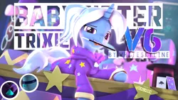 Size: 7680x4320 | Tagged: safe, artist:calveen, artist:whiteskyline, derpibooru import, starlight glimmer, trixie, pony, unicorn, 3d, alternate hairstyle, babysitter trixie, banner, cannon, card, clothes, diamond, hat, hoodie, jewelry, looking at you, magic stick, necklace, source filmmaker, stage, stars, text, top hat