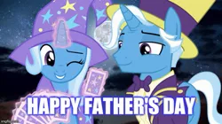 Size: 739x415 | Tagged: caption, derpibooru import, father and child, father and daughter, father's day, female, image macro, jack pot, male, meme, safe, text, trixie, trixie yells at everything