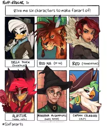 Size: 1050x1254 | Tagged: safe, artist:fluff-kevlar, derpibooru import, captain celaeno, anthro, big cat, bird, duck, gryphon, human, lion, six fanarts, my little pony: the movie, alastor, chest fluff, clothes, crossover, della duck, ducktales, ear piercing, earring, female, final fantasy, final fantasy vii, glasses, goggles, grin, harry potter, hat, hazbin hotel, jewelry, minerva mcgonagall, piercing, pirate hat, red (transistor), red xiii, smiling, transistor, witch hat