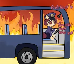 Size: 3210x2782 | Tagged: safe, artist:czu, derpibooru import, oc, oc:miss persona, ponified, earth pony, pony, /mlp/, burning, bus, bus driver, dialogue, drawthread, female, fire, looking at you, mare, miss persona, open mouth, sitting, smiling, solo, some mares just want to watch the world burn, the ride never ends, treehouse