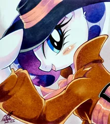 Size: 1818x2048 | Tagged: safe, artist:025aki, derpibooru import, rarity, pony, unicorn, blushing, clothes, detective rarity, fedora, female, hat, looking at you, mare, open mouth, smiling, solo, traditional art