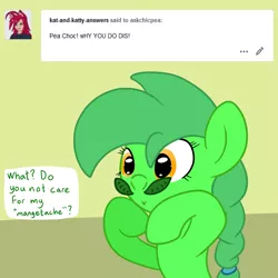 Size: 3000x3000 | Tagged: safe, artist:bigmackintosh, derpibooru import, oc, oc:chic pea, unofficial characters only, earth pony, answer, facial hair, female, food, mangetout, mare, moustache, pea, pun, solo, tumblr