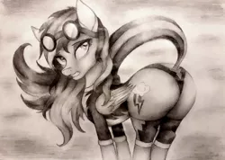 Size: 1005x716 | Tagged: suggestive, artist:omnisimon11, derpibooru import, rainbow dash, pegasus, pony, butt, clothes, female, goggles, monochrome, rainbutt dash, rear view, solo, solo female, thicc ass, traditional art, uniform, wonderbolt trainee uniform