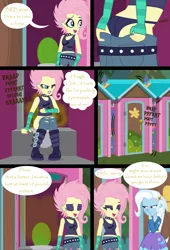 Size: 1900x2800 | Tagged: suggestive, artist:lightning_musicwave, derpibooru import, fluttershy, trixie, equestria girls, annoyed, but why, clothes, comic, fart, female, females only, flutterpunk, implied scat, makeup, onomatopoeia, outhouse, panties, poop, pooping, speech bubble, text, toilet, underwear