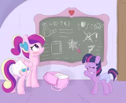 Size: 1572x1280 | Tagged: suggestive, artist:zalakir, derpibooru import, princess cadance, twilight sparkle, alicorn, pony, unicorn, bow, chalkboard, diaper, diaper bag, diaper fetish, female, fetish, filly, filly twilight sparkle, magic, mare, pullup (diaper), teaching, unicorn twilight, younger