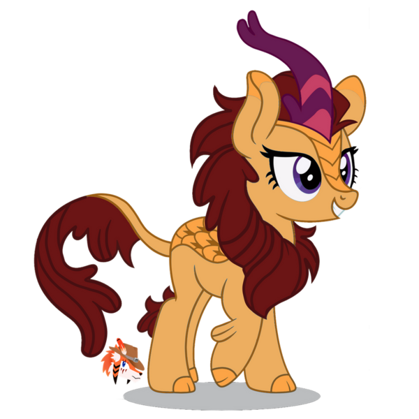 Size: 900x900 | Tagged: artist:firehearttheinferno, brown mane, cloven hooves, concept for a fanfic, derpibooru import, fallout, fallout equestria, fallout equestria: burdens, female, for a friend, gift art, grin, horn, kirin, leonine tail, mare, oc, oc:summer ardor, pink, purple, purple eyes, safe, scales, simple background, smiling, solo, transparent background, unofficial characters only, yellow