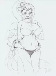 Size: 982x1339 | Tagged: suggestive, artist:longinius, derpibooru import, fluttershy, anthro, bat pony, genie, pegasus, alternate hairstyle, belly button, belly dancer outfit, big breasts, black and white, breasts, busty fluttershy, cleavage, clothes, cosplay, costume, female, flutterbat, grayscale, huge breasts, lineart, looking at you, mare, midriff, monochrome, outfit, ponytail, race swap, shantae, shantae (character), simple background, solo, white background